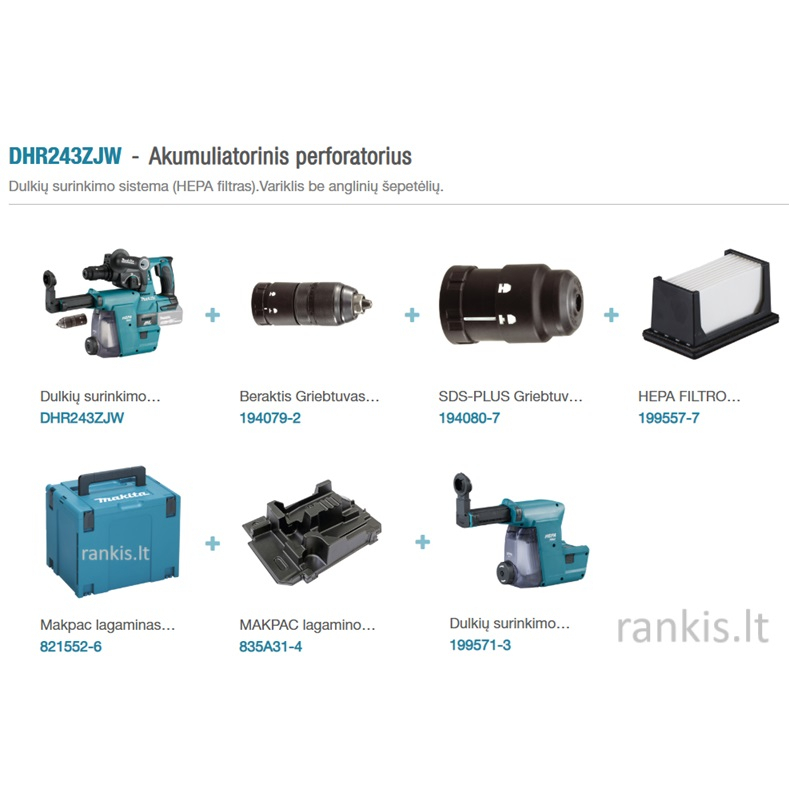 Akum. perforatorius Makita DHR243ZJW, 18V, (be akum. ir krov.) 1 Akum. perforatorius Makita DHR243ZJW, 18V, (be akum. ir krov.) 1