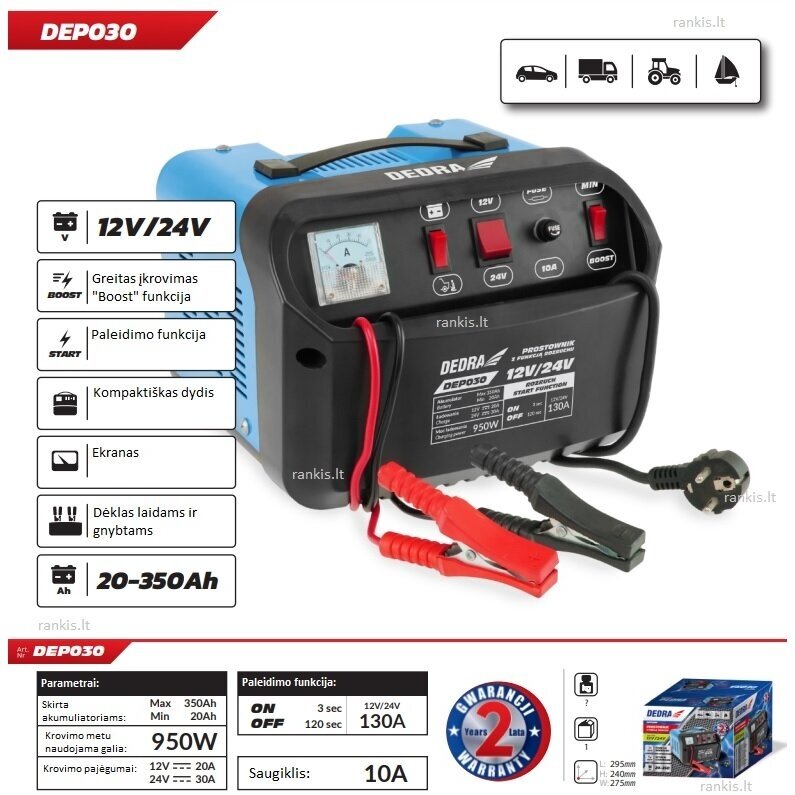 Akumuliatorių įkroviklis su paleidimo (BOOST) funkcija Dedra DEP030, 12/24V 30-300Ah 2 Akumuliatorių įkroviklis su paleidimo (BOOST) funkcija Dedra DEP030, 12/24V 30-300Ah 2