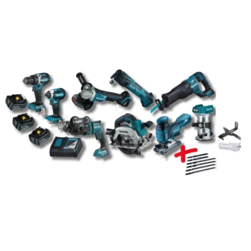Akumuliatorinių įrankių komplektas Makita DLX9009T + Peiliukai, 18 V, 3x5.0Ah Akumuliatorinių įrankių komplektas Makita DLX9009T + Peiliukai, 18 V, 3x5.0Ah