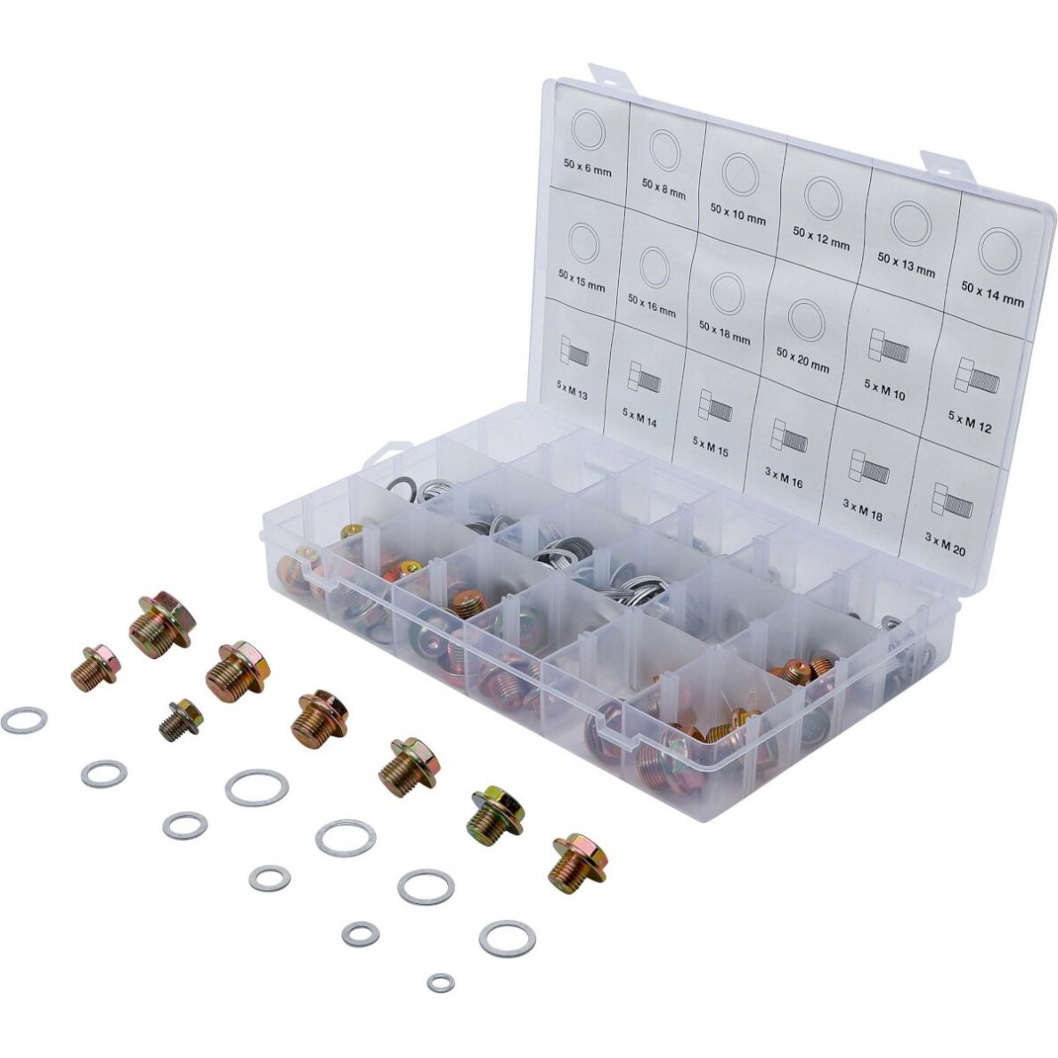 Alyvos išleidimo kaiščio varžtai ir aliuminio sandarinimo žiedų asortimentas | 534 vnt. (8119) Alyvos išleidimo kaiščio varžtai ir aliuminio sandarinimo žiedų asortimentas | 534 vnt. (8119)