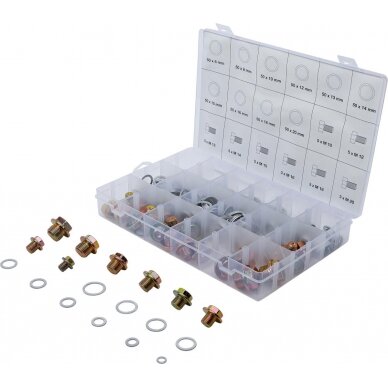 Alyvos išleidimo kaiščio varžtai ir aliuminio sandarinimo žiedų asortimentas | 534 vnt. (8119) Alyvos išleidimo kaiščio varžtai ir aliuminio sandarinimo žiedų asortimentas | 534 vnt. (8119)