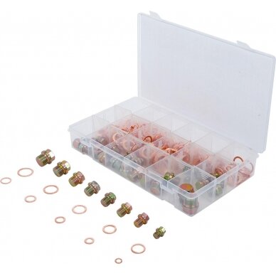 Alyvos išleidimo kaiščio varžtai ir varinių sandarinimo žiedų asortimentas | 534 vnt. (8118) Alyvos išleidimo kaiščio varžtai ir varinių sandarinimo žiedų asortimentas | 534 vnt. (8118)