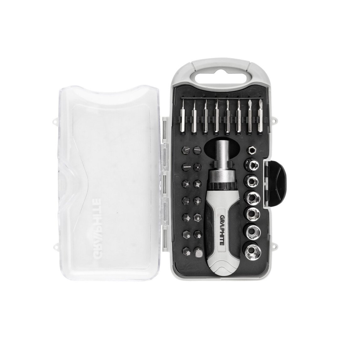 Antgalių ir tikslių antgalių rinkinys su magnetiniu laikikliu ir reketu, 115 mm, 30 dalių Antgalių ir tikslių antgalių rinkinys su magnetiniu laikikliu ir reketu, 115 mm, 30 dalių