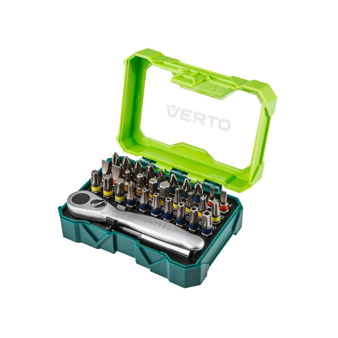 Antgaliukų rinkinys 32 vnt.25 mm -  4 x PH, 4 x PZ, 4 x SL, 4 x HEX, 7 x TX, 7 x TT + ratchet handle for bits