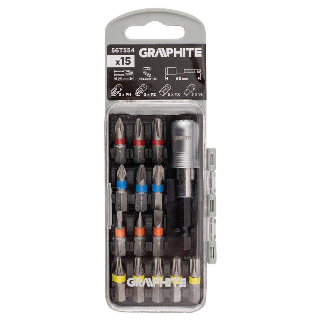 Antgaliukų rinkinys SL3/4/5, Ph1/2/3, PZ1/2/3, TX10/15/20/25/30 x 25 mm, su laikiklio magniu. 65 mm, 15 vnt. 1 Antgaliukų rinkinys SL3/4/5, Ph1/2/3, PZ1/2/3, TX10/15/20/25/30 x 25 mm, su laikiklio magniu. 65 mm, 15 vnt. 1