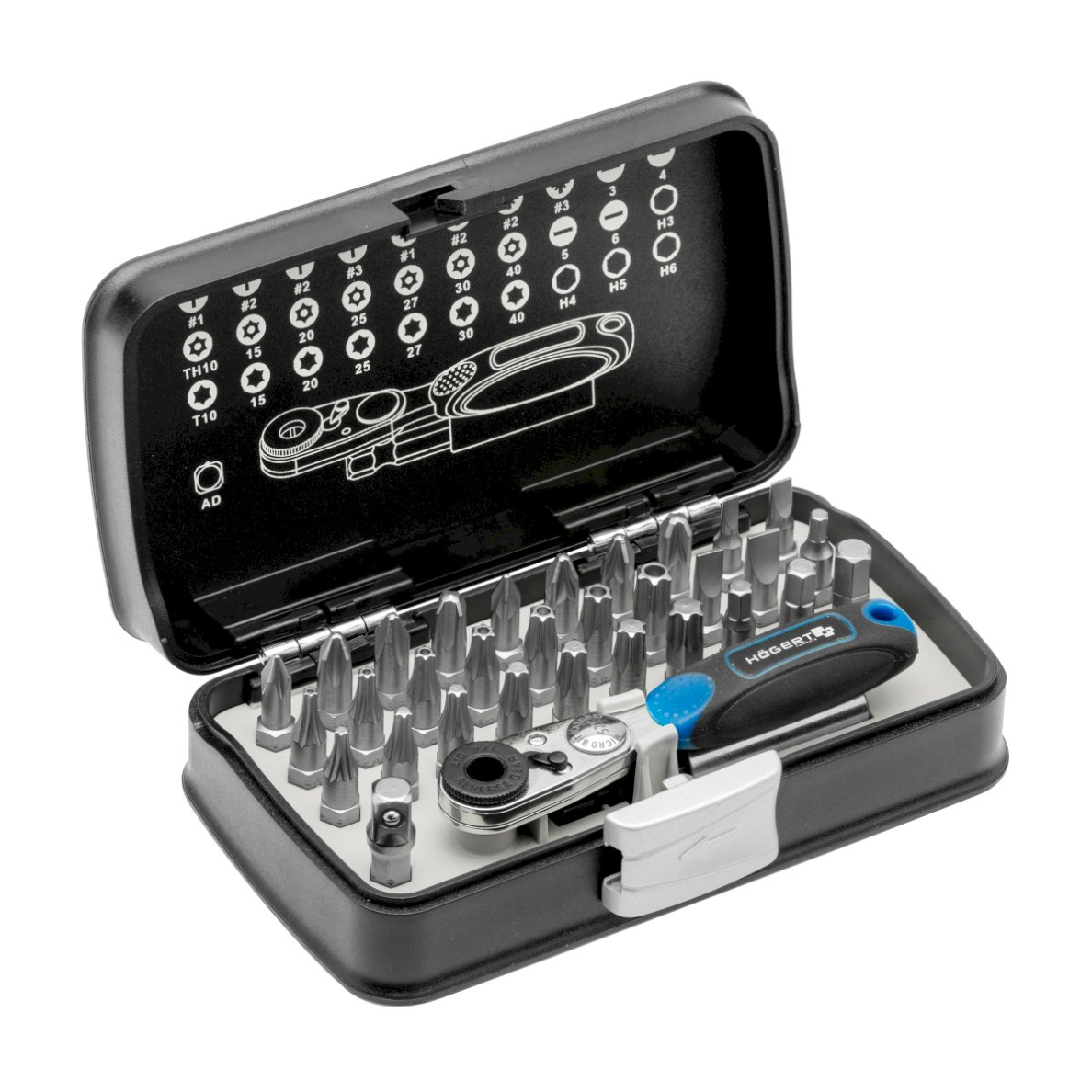 Antgaliukų 1/4 BIT komplektas su terkšle / 33dalių HOEGERT HT1R460 Antgaliukų 1/4 BIT komplektas su terkšle / 33dalių HOEGERT HT1R460