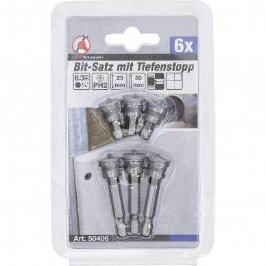 Antgalių komplektas gipso plokštėms 1/4", PH2, 6 vnt. 2 Antgalių komplektas gipso plokštėms 1/4", PH2, 6 vnt. 2