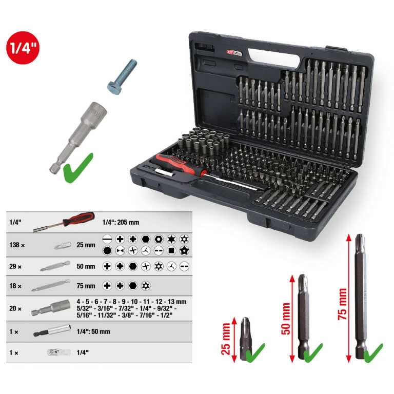 Antgalių komplektas 1/4", 208 vnt, KS Tools 1