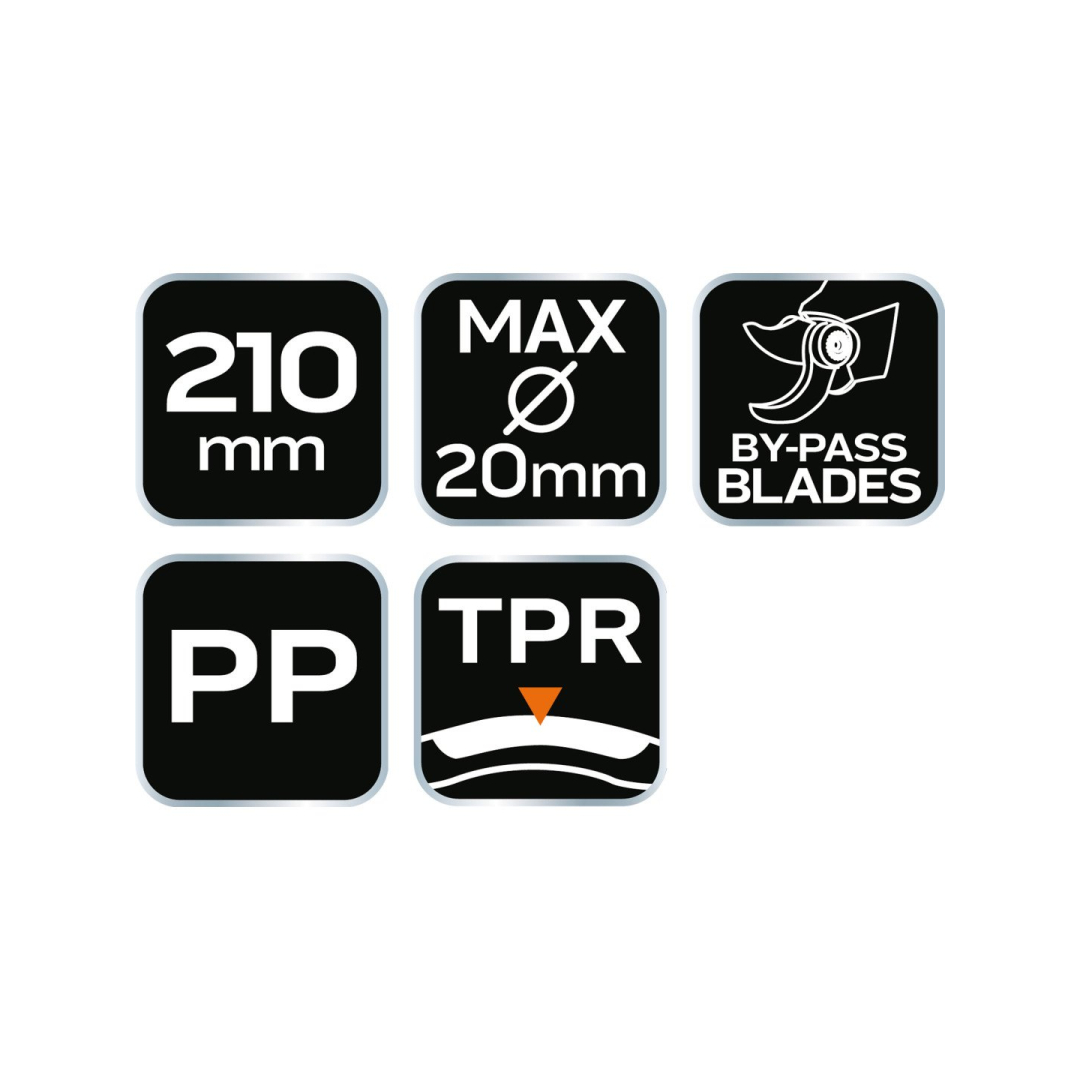 Aplinkkelio kirp pjūvis 210 mm, diap iki 20 mm, medžiaga: PP, TPR guma dengta rankena 6 Aplinkkelio kirp pjūvis 210 mm, diap iki 20 mm, medžiaga: PP, TPR guma dengta rankena 6