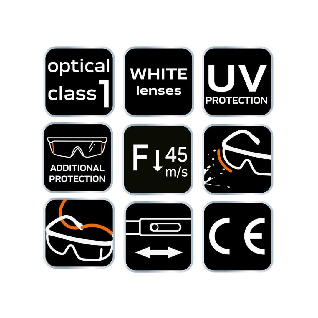 Apsauginiai akiniai, balti lęšiai, reguliuojami užrašai 8