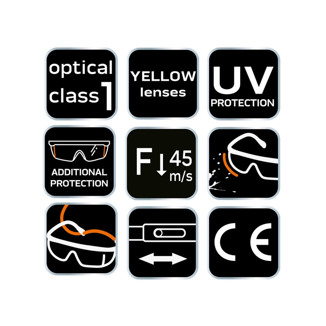 Apsauginiai akiniai, geltoni lęšiai, reguliuojami užrašai 8