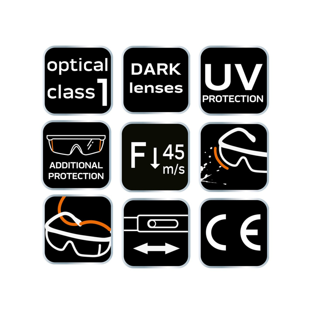 Apsauginiai akiniai, tamsūs lęšiai, reguliuojami užrašai 8