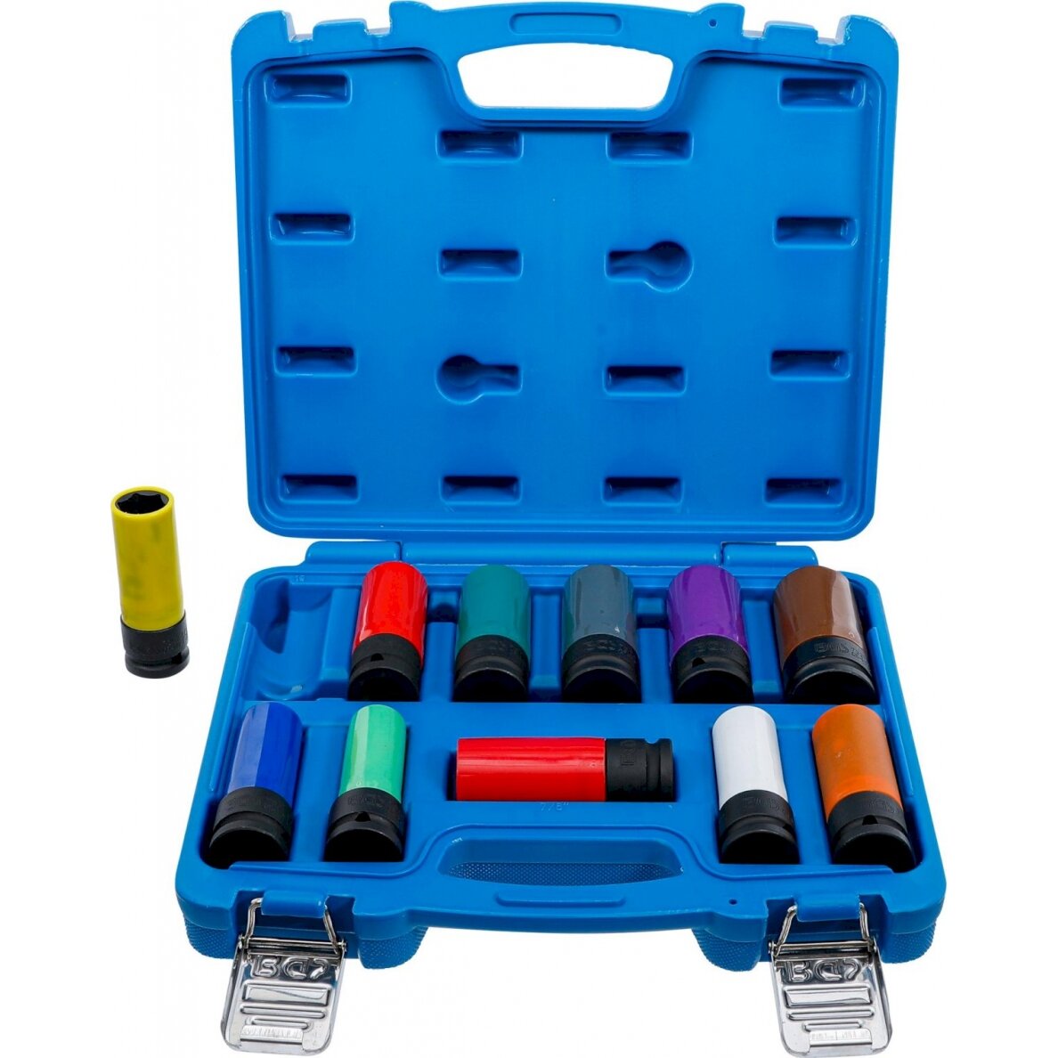 Apsauginių smūginių galvučių rinkinys | 12,5 mm (1/2") | 15 - 27 mm ir kitos specialios ratų galvutės | 11 vnt. (74254) Apsauginių smūginių galvučių rinkinys | 12,5 mm (1/2") | 15 - 27 mm ir kitos specialios ratų galvutės | 11 vnt. (74254)