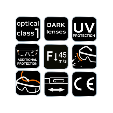 Apsauginiai akiniai, tamsūs lęšiai, reguliuojami užrašai 8 Apsauginiai akiniai, tamsūs lęšiai, reguliuojami užrašai 8