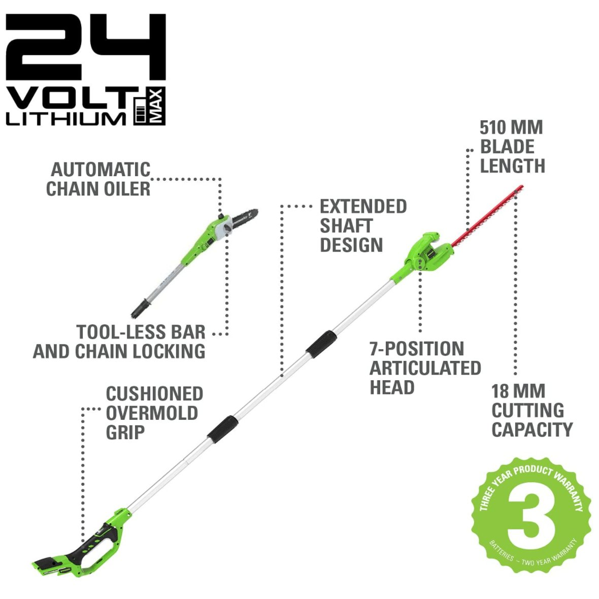 Akumuliatorinis gyvatvorių genėtuvo ir aukštapjovės komplektas Greenworks G24PSHK2, 24 V, 2,0 Ah 1