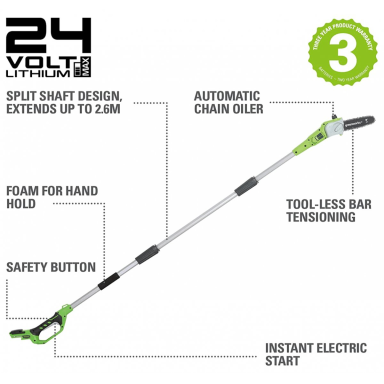 Akumuliatorinė akštapjovė Greenworks G24PS20K2, 24 V, 2,0 Ah