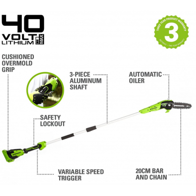 Akumuliatorinė akštapjovė Greenworks G40PSFK2, 40 V, 2,0 Ah 2 Akumuliatorinė akštapjovė Greenworks G40PSFK2, 40 V, 2,0 Ah 2