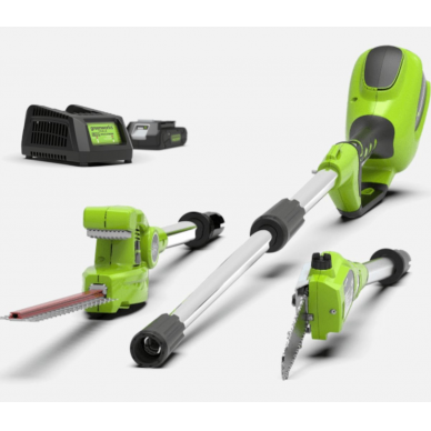 Akumuliatorinis gyvatvorių genėtuvo ir aukštapjovės komplektas Greenworks G24PSHK2, 24 V, 2,0 Ah Akumuliatorinis gyvatvorių genėtuvo ir aukštapjovės komplektas Greenworks G24PSHK2, 24 V, 2,0 Ah