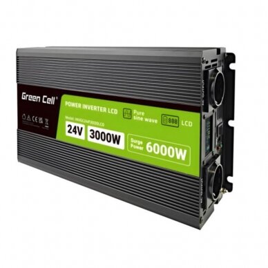 Automobilinis įtampos keitiklis - inverteris Green Cell INVGC24P3000LCD (12V - 230V, 500W / 1000W)