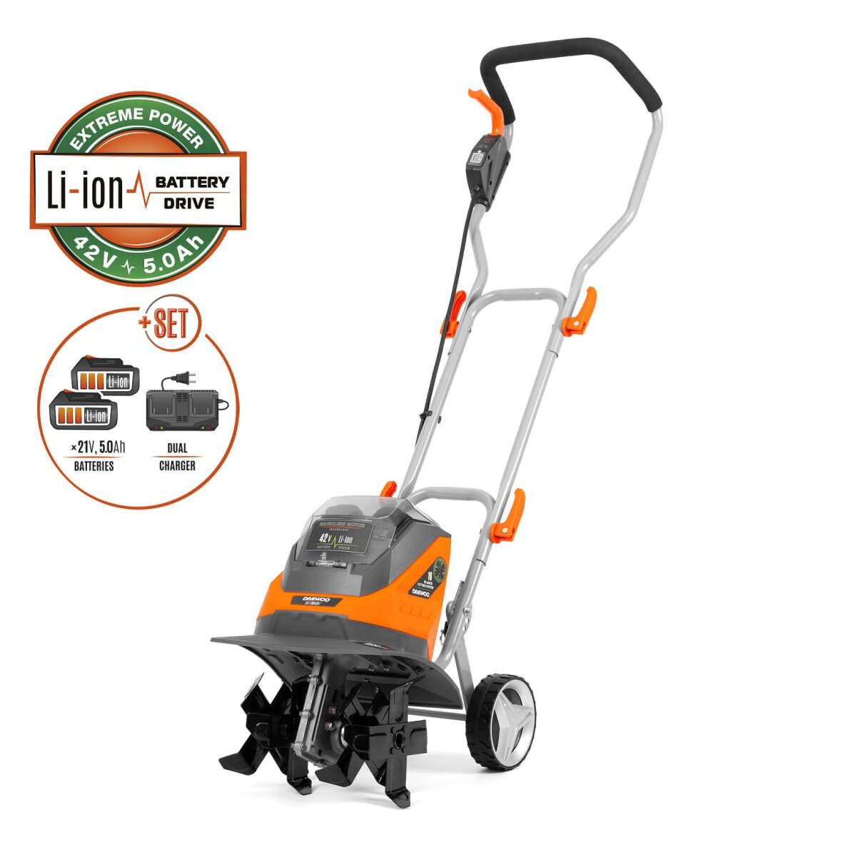 Akumuliatorinis kultivatorius DAEWOO DAT 3042Li SET, 2x21V, 5.0Ah Akumuliatorinis kultivatorius DAEWOO DAT 3042Li SET, 2x21V, 5.0Ah