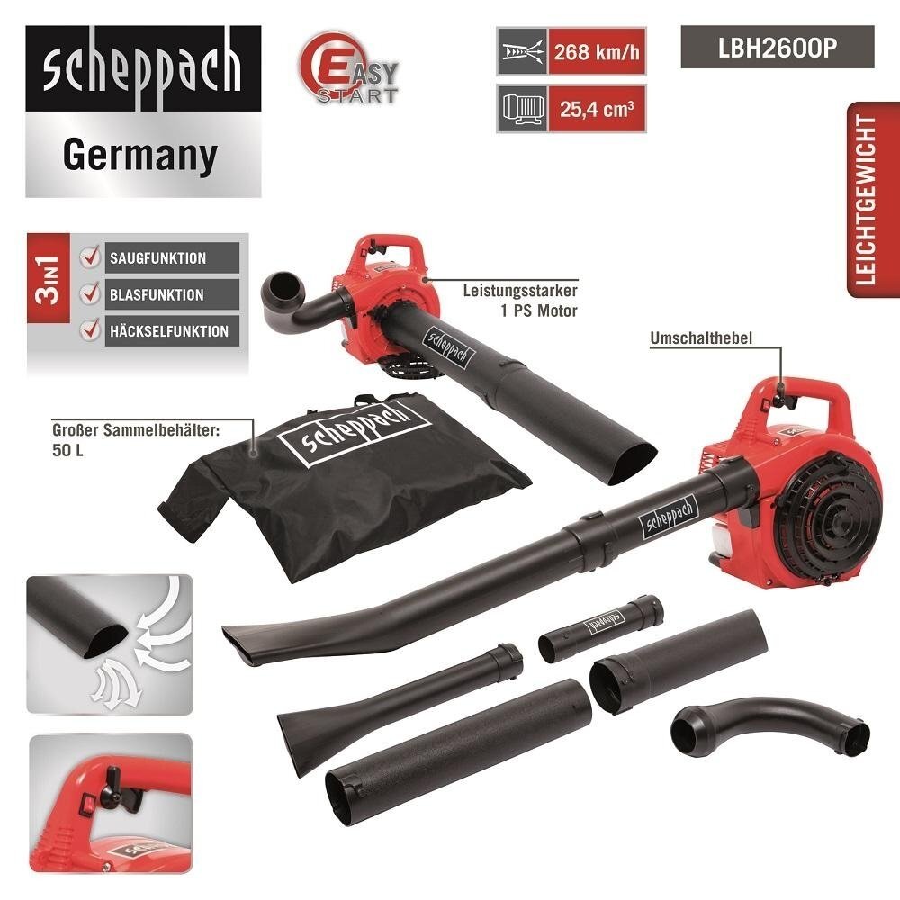 Benzininis lapų pūstuvas - siurblys - smulkintuvas (3-in-1) Scheppach LBH2600P, 1Ag 1