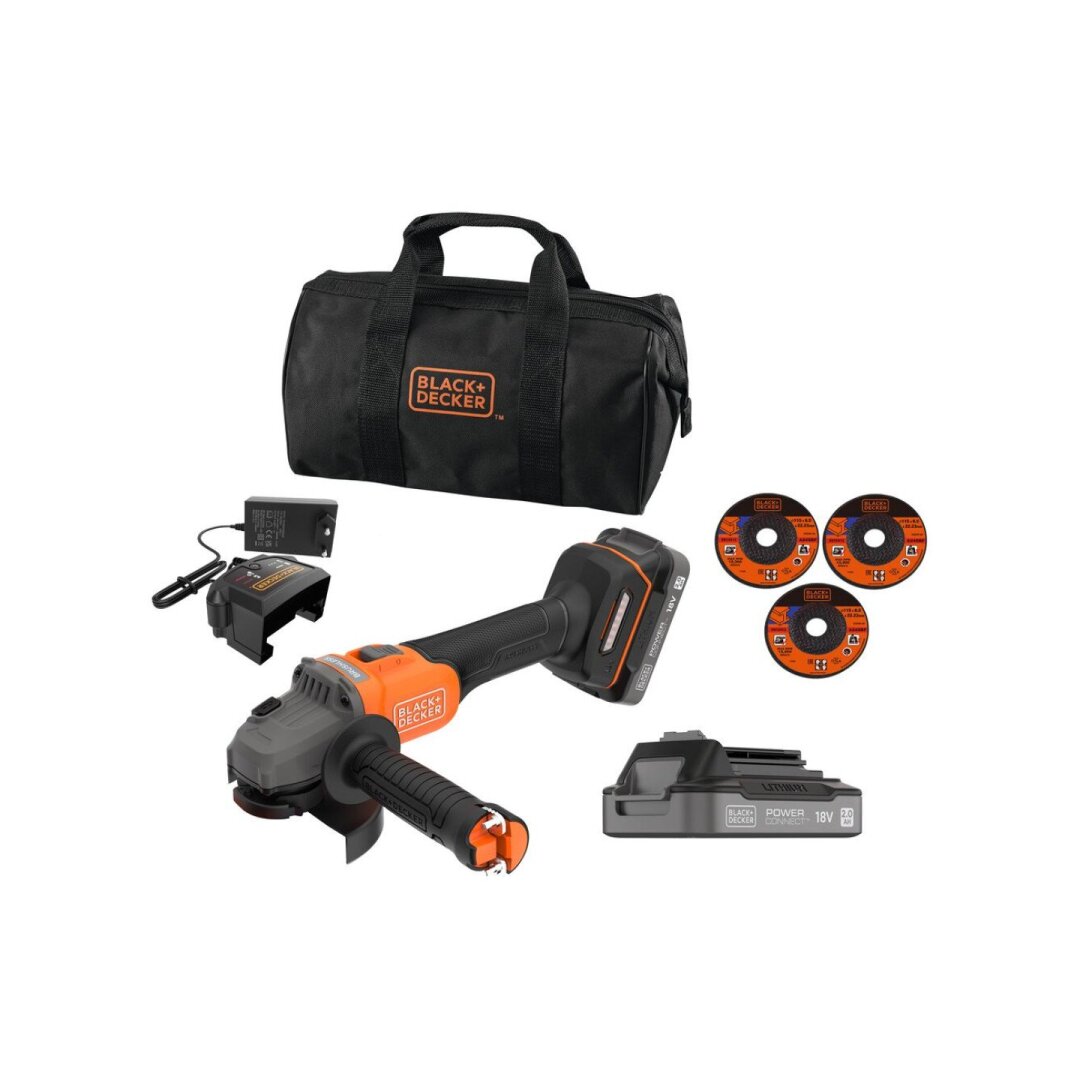 Akum. bešepetėlinis kampinis šlifuoklis Black&Decker BCG6L8D2S-QW, 18V, 2x2.0Ah Akum. bešepetėlinis kampinis šlifuoklis Black&Decker BCG6L8D2S-QW, 18V, 2x2.0Ah