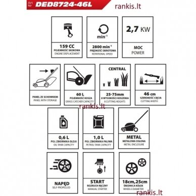Benzininė savaeigė žoliapjovė Dedra DED8724-46L, 2.7kW, 46 cm 1 Benzininė savaeigė žoliapjovė Dedra DED8724-46L, 2.7kW, 46 cm 1