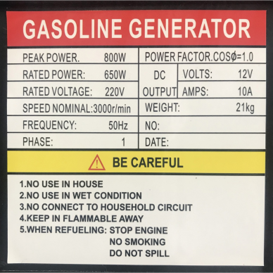 Benzininis generatorius, 750 W,  230V, AC/DC