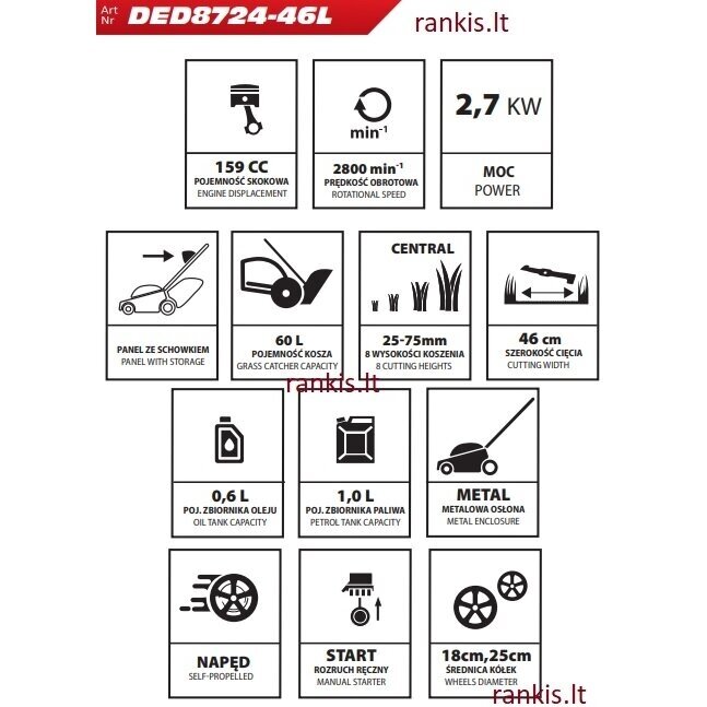 Benzininė savaeigė žoliapjovė Dedra DED8724-46L, 2.7kW, 46 cm 1 Benzininė savaeigė žoliapjovė Dedra DED8724-46L, 2.7kW, 46 cm 1