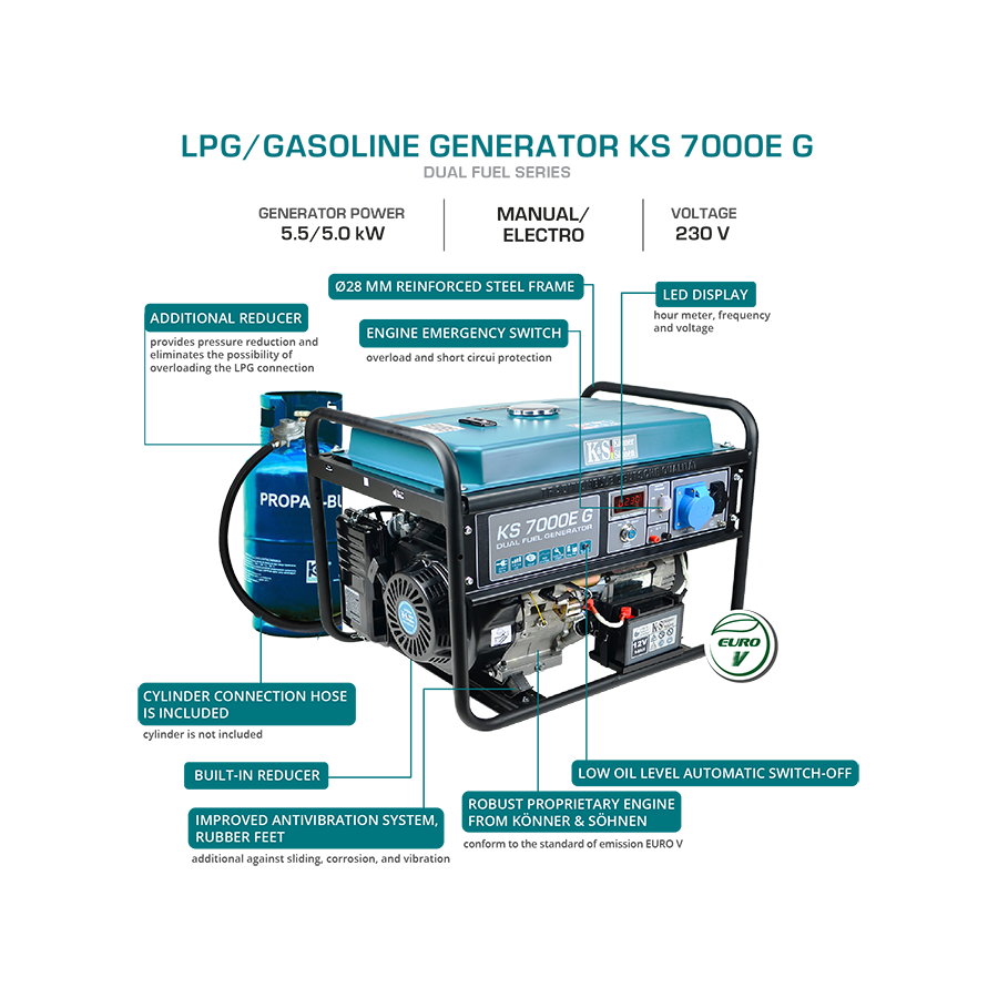 Benzininis - dujinis generatorius KS 7000E G, 5.5kW 6