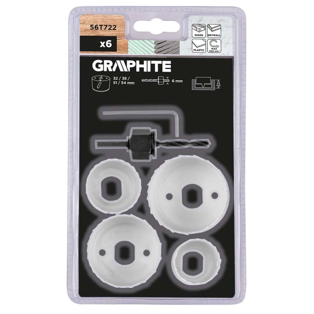 Bi-metalo gręžimo karūnėlės 32–54 mm, rinkinys 6 vnt. 1