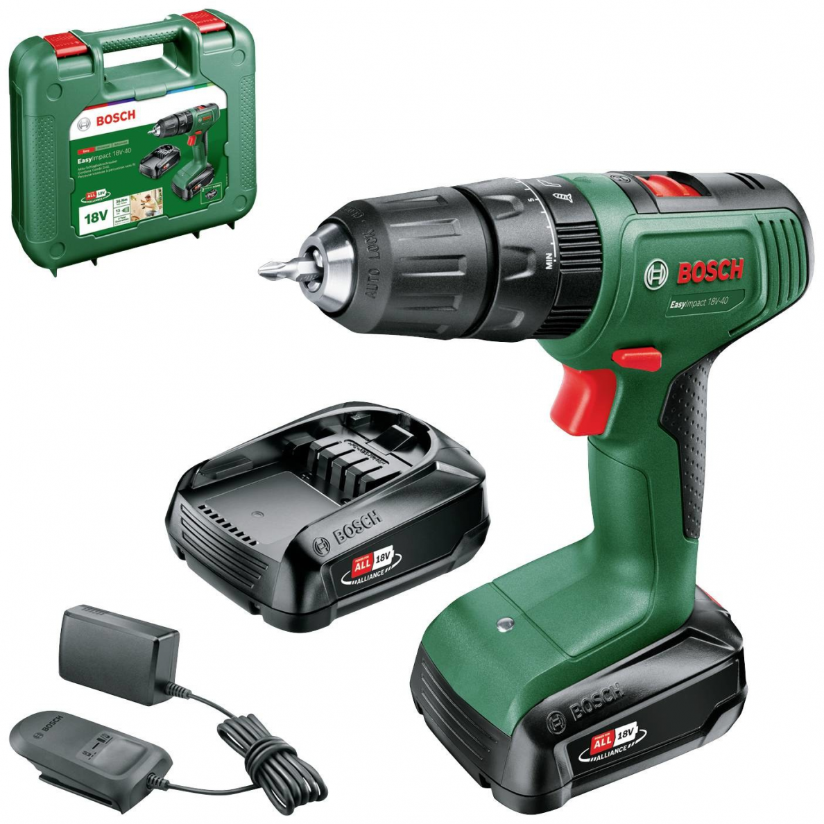 Akumuliatorinis smūginis gręžtuvas-suktuvas Bosch EasyImpact18V-40, 18 V, 2x2,0 Ah Akumuliatorinis smūginis gręžtuvas-suktuvas Bosch EasyImpact18V-40, 18 V, 2x2,0 Ah