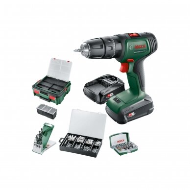 Akum. smūginis suktuvas-gręžtuvas Bosch Universal Impact 06039D4107, 18 V, 1x1.5/2.5 Ah + priedai Akum. smūginis suktuvas-gręžtuvas Bosch Universal Impact 06039D4107, 18 V, 1x1.5/2.5 Ah + priedai