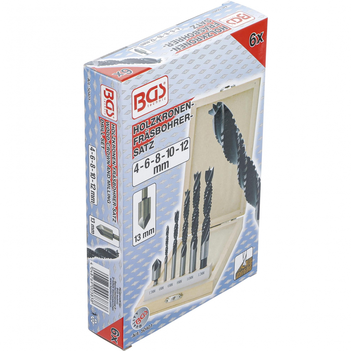 Medienos karūnos ir frezų grąžtų rinkinys BGS-technic 50401, 4 - 12 mm, 6 vnt. 3 Medienos karūnos ir frezų grąžtų rinkinys BGS-technic 50401, 4 - 12 mm, 6 vnt. 3