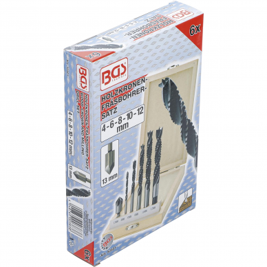 Medienos karūnos ir frezų grąžtų rinkinys BGS-technic 50401, 4 - 12 mm, 6 vnt. 3 Medienos karūnos ir frezų grąžtų rinkinys BGS-technic 50401, 4 - 12 mm, 6 vnt. 3