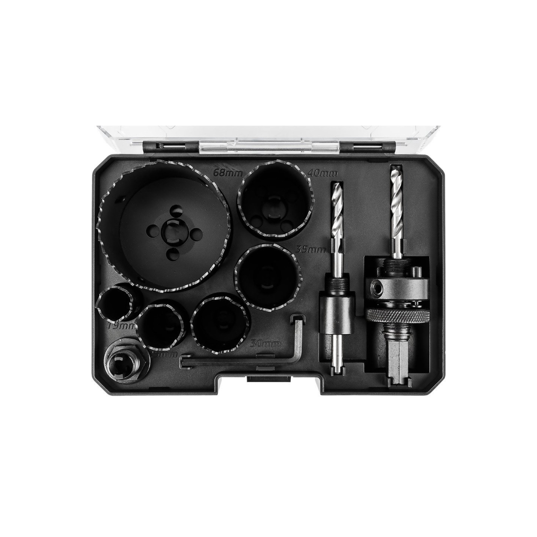 Co8% bimetaliniai gręžimo karūnos (19, 25, 30, 35, 40, 68 mm), 9 el. 2