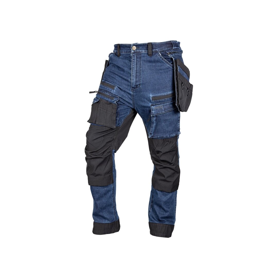 Darbinės kelnės DENIM, sutvirtintos Cordura audiniu, nuimamos kišenės dėklams, tamsiai mėlynos, dydis XXXL