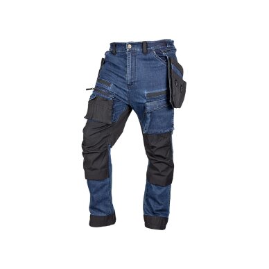 Darbinės kelnės DENIM, sutvirtintos Cordura audiniu, nuimamos kišenės dėklams, tamsiai mėlynos, dydis XL Darbinės kelnės DENIM, sutvirtintos Cordura audiniu, nuimamos kišenės dėklams, tamsiai mėlynos, dydis XL