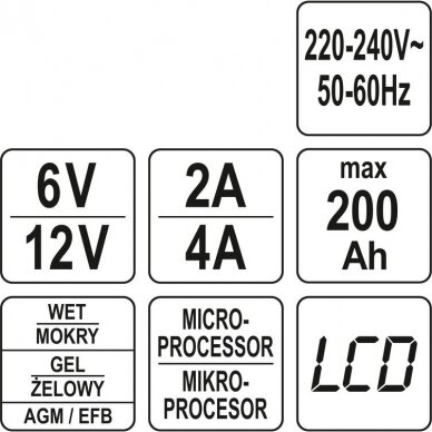 Pakrovėjas 6 V ir 12 V akumuliatorių įkrovimui Yato, 6V/2A 12V/4A 6 Pakrovėjas 6 V ir 12 V akumuliatorių įkrovimui Yato, 6V/2A 12V/4A 6