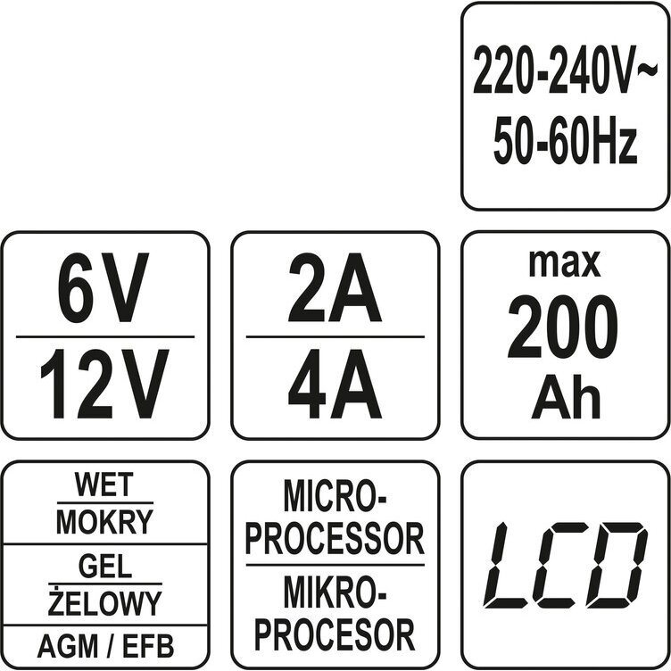 Pakrovėjas 6 V ir 12 V akumuliatorių įkrovimui Yato, 6V/2A 12V/4A 6 Pakrovėjas 6 V ir 12 V akumuliatorių įkrovimui Yato, 6V/2A 12V/4A 6