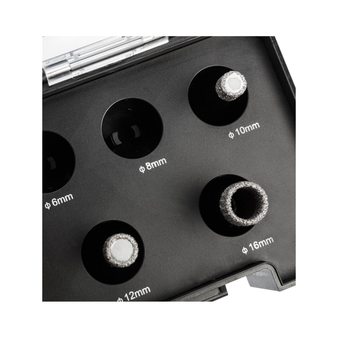 Deimantiniai pjūklai (6, 8, 10, 12, 16 mm), 5 dalių rinkinys. 2 Deimantiniai pjūklai (6, 8, 10, 12, 16 mm), 5 dalių rinkinys. 2