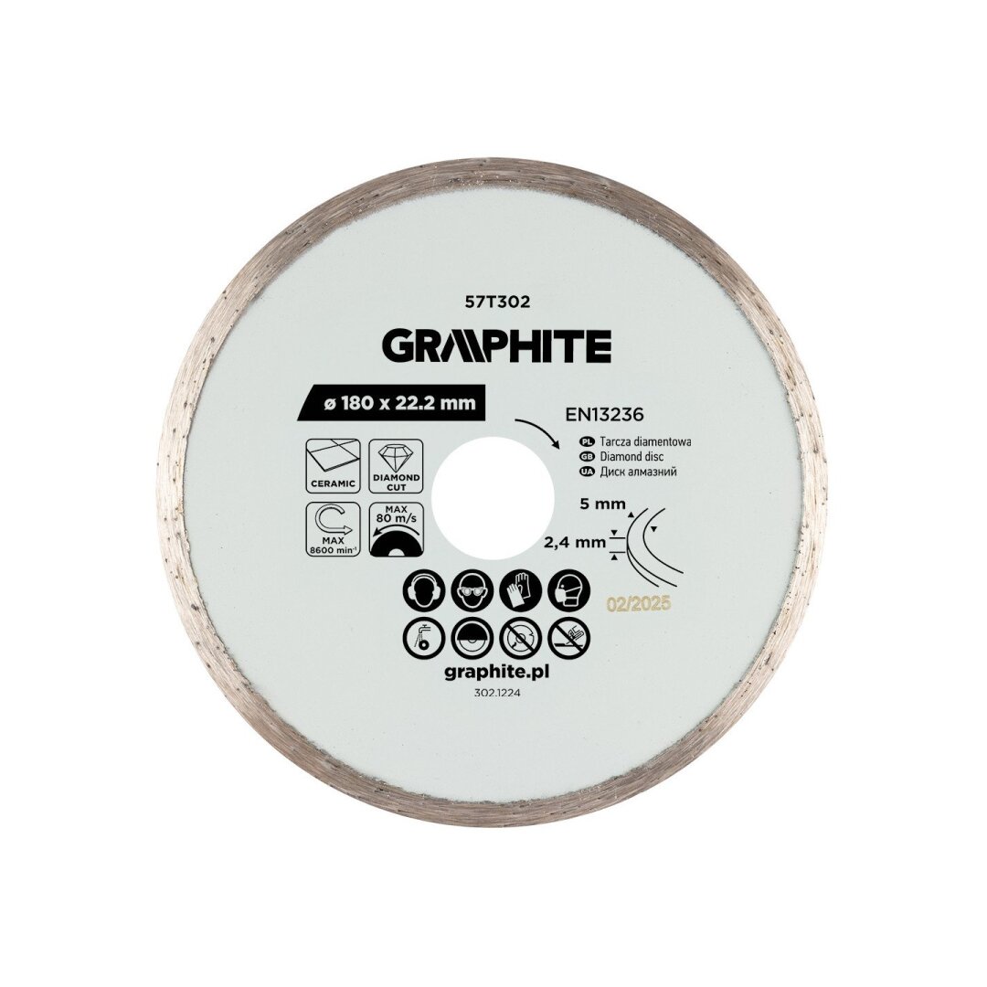 Deimantinis pjovimo diskas, 180 x 22,2 mm, šlapiam pjovimui