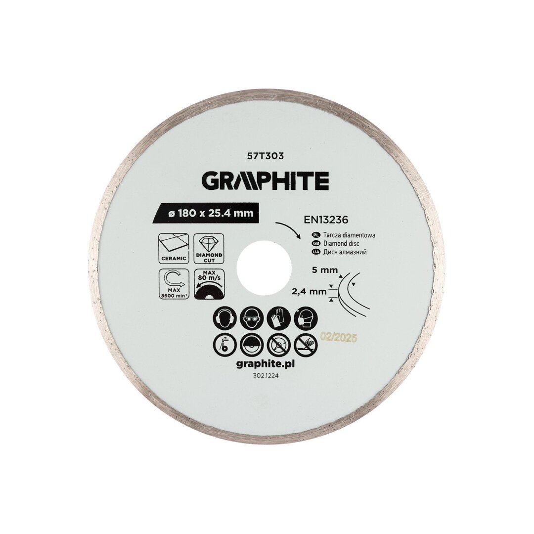 Deimantinis pjovimo diskas, 180 x 25,4 mm, šlapiam pjovimui