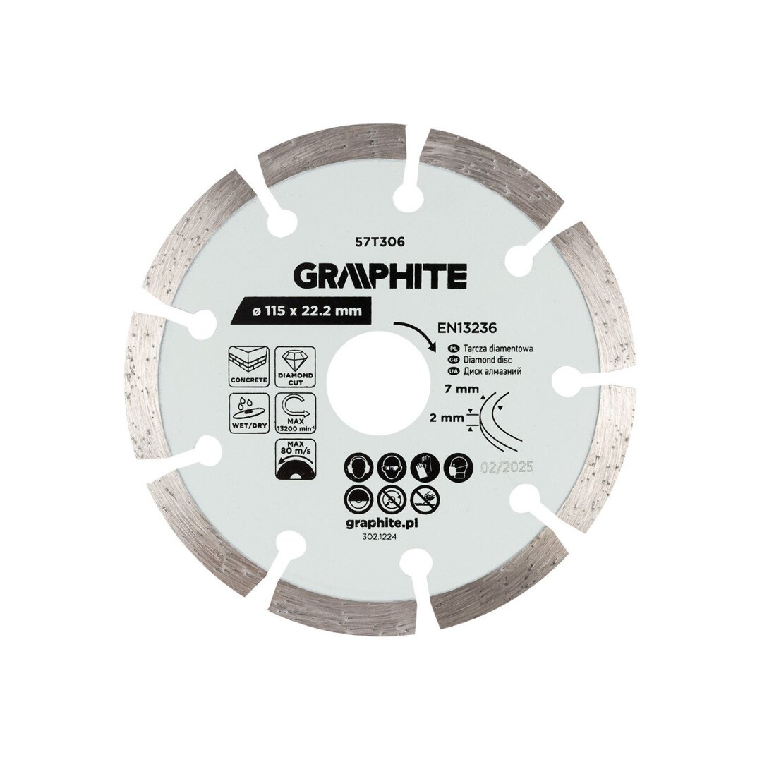 Deimantinis segmentinis pjovimo diskas, 115 x 22,2 mm, sausam ir šlapiam pjovimui