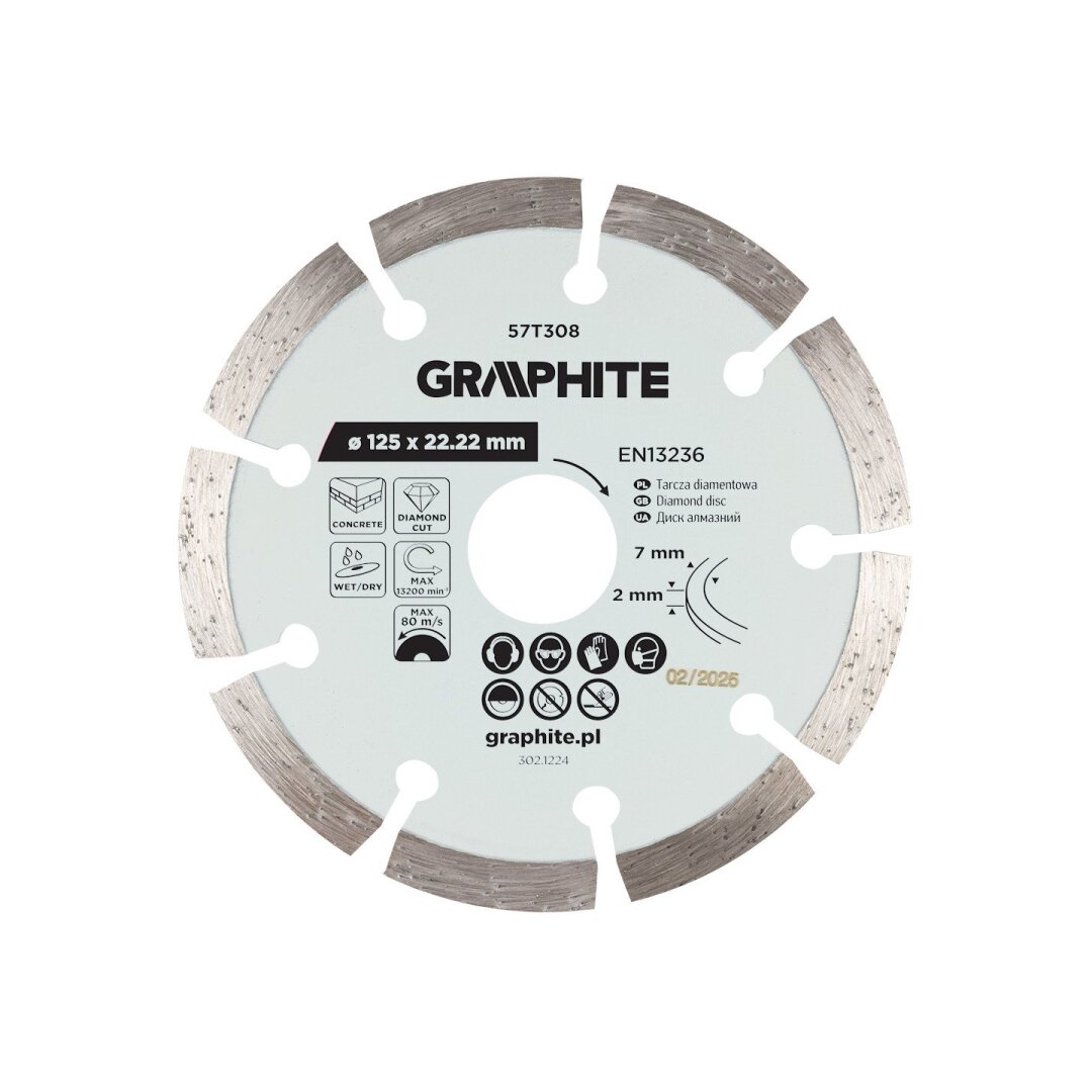 Deimantinis segmentinis pjovimo diskas, 125 x 22,2 mm, sausam ir šlapiam pjovimui