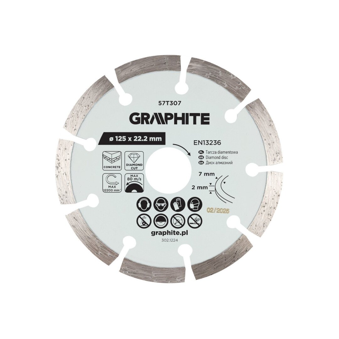 Deimantinis segmentinis pjovimo diskas, 125 x 22,2 mm, sausam pjovimui