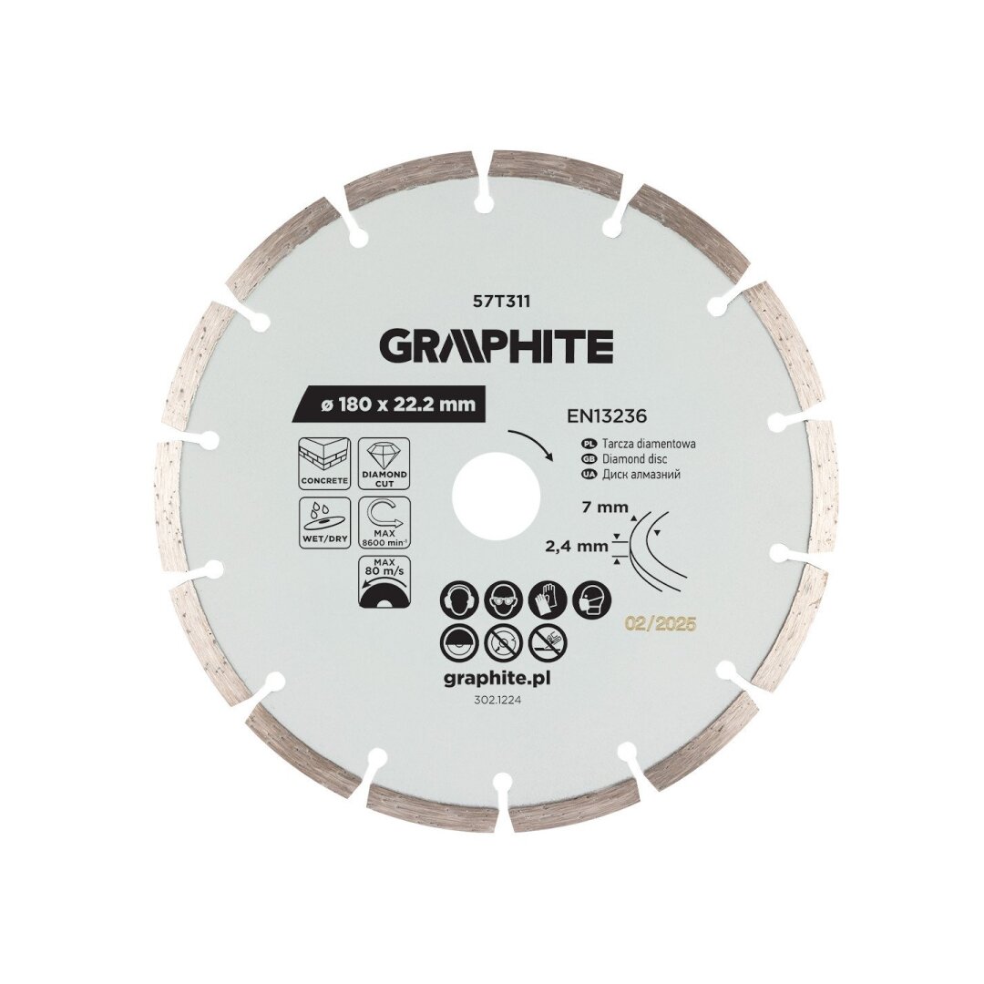 Deimantinis segmentinis pjovimo diskas, 180 x 22,2 mm, sausam ir šlapiam pjovimui