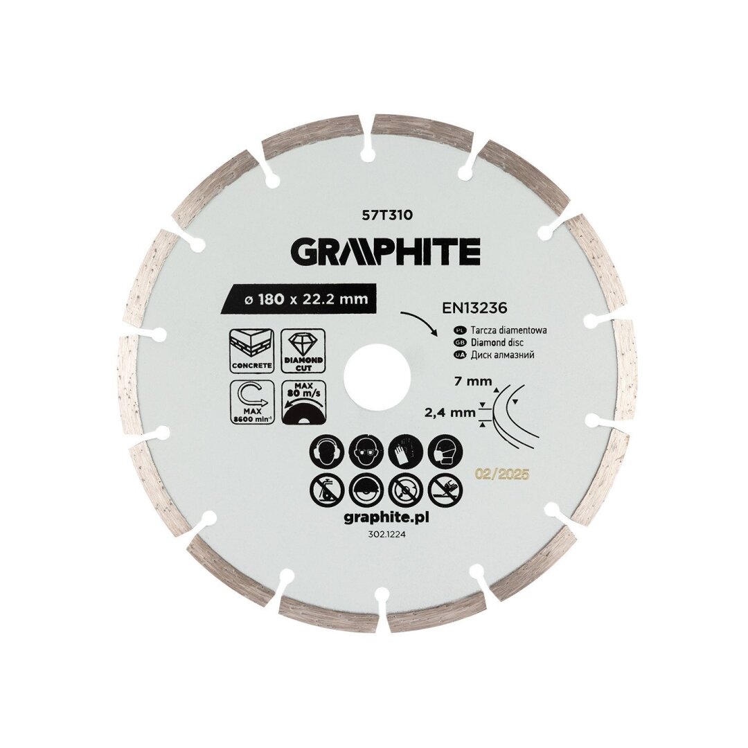 Deimantinis segmentinis pjovimo diskas, 180 x 22,2 mm, sausam pjovimui