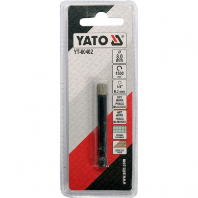 Deimantinė karūna Yato, 6,3 mm (1/4"), 8 mm 2 Deimantinė karūna Yato, 6,3 mm (1/4"), 8 mm 2