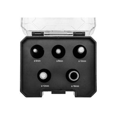 Deimantiniai pjūklai (6, 8, 10, 12, 16 mm), 5 dalių rinkinys. 1 Deimantiniai pjūklai (6, 8, 10, 12, 16 mm), 5 dalių rinkinys. 1